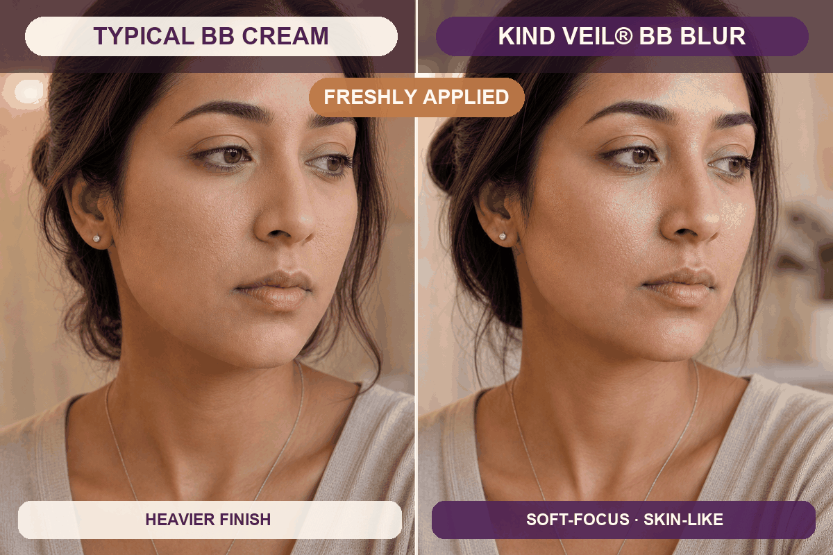 Close-up wear comparison of typical BB cream and Kind Veil BB Blur