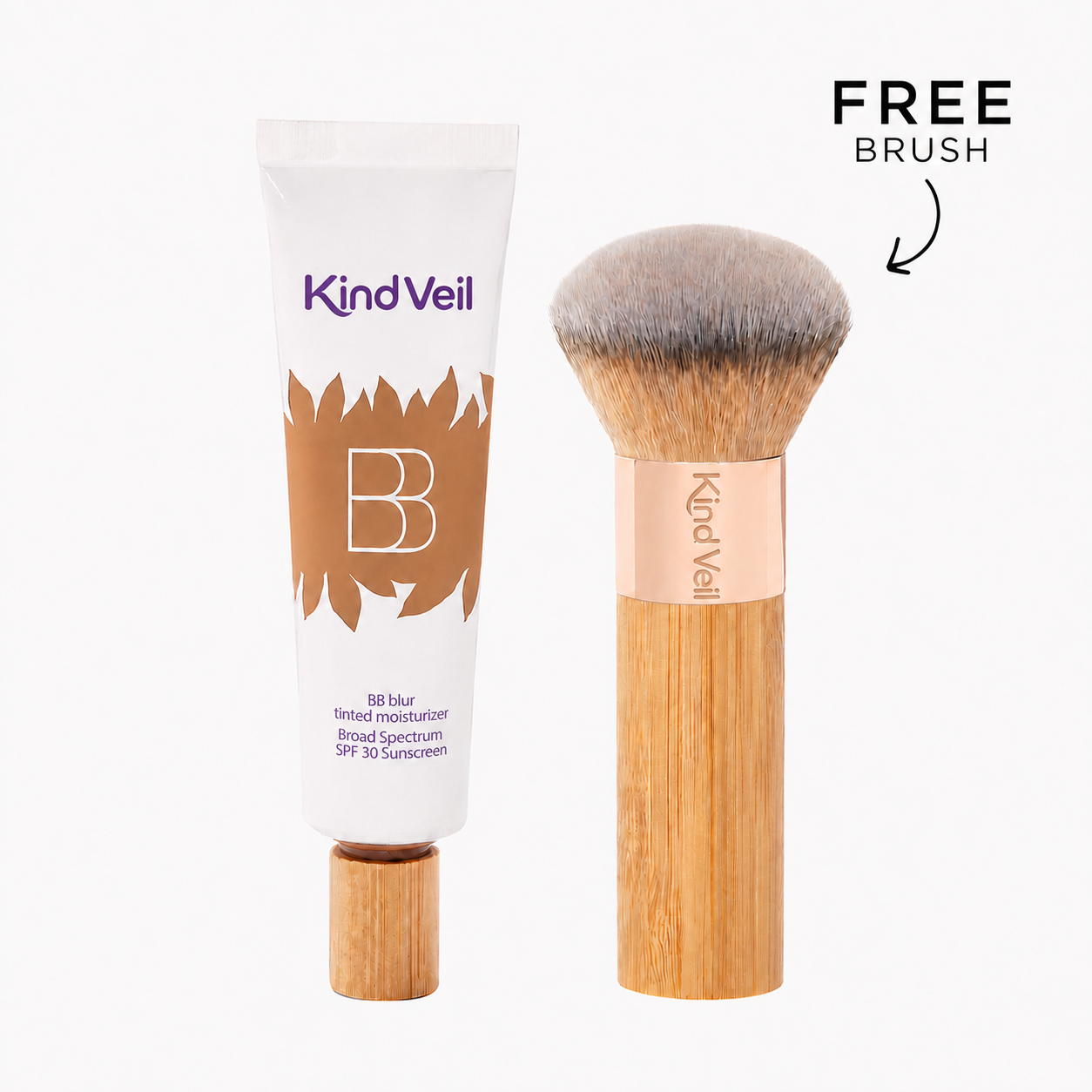 Kind Veil BB Blur Tinted Moisturizer SPF 30 with matching rounded recessed logo on brush