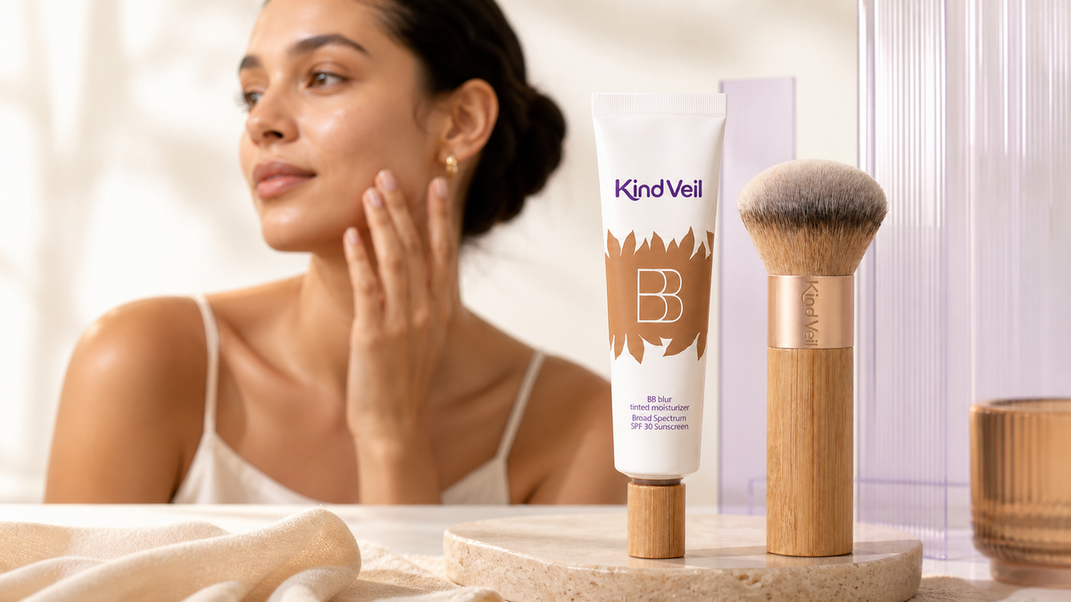 Kind Veil BB Blur and matching brush in a warm lilac beauty campaign